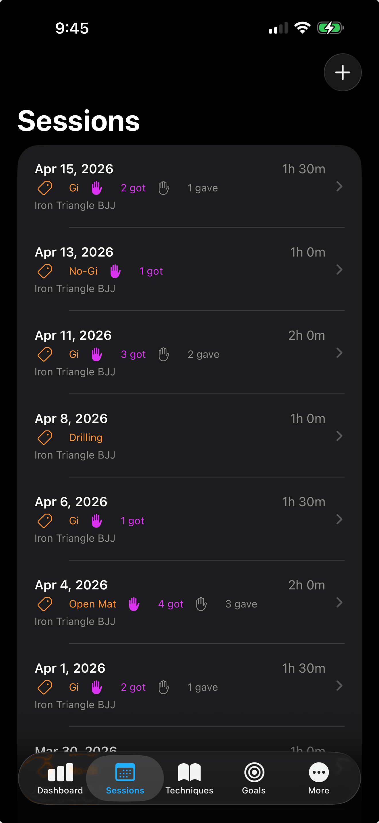 IronMat session log entry screen